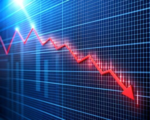 The picture shows a graph in which the bright red line is rapidly falling down. This is a visual representation of a decline in some indicator, be it financial, economic or other.