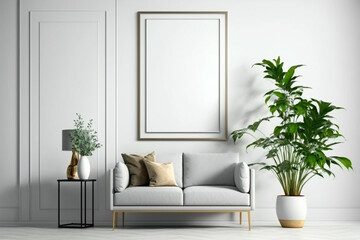 Minimalist living room with a grey sofa, plant and frame.