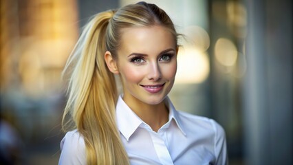 Fototapeta premium Blonde Woman in White Shirt Smiling in Urban Environment - Portrait, Close-Up, Outdoors, Cityscape, Beauty, Fashion, Model