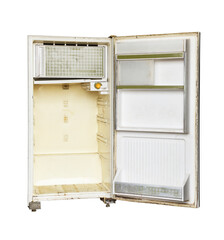 Old rusty refrigerator isolated on white background.