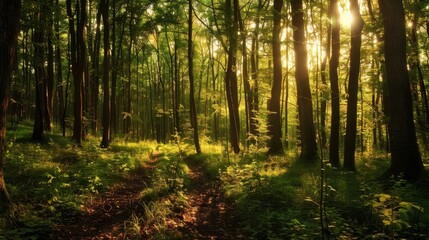 Fototapeta premium Sunbeams Filtering Through Dense Forest Trees