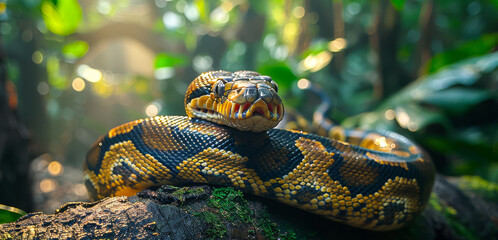 Fototapeta premium A large brown and black snake is curled up on a log. The snake is in a jungle setting, surrounded by trees and foliage.