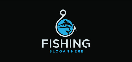 fishing logo design, Fishing Logo in the sea Fish Hunter Logo Design Template with Hook concept.