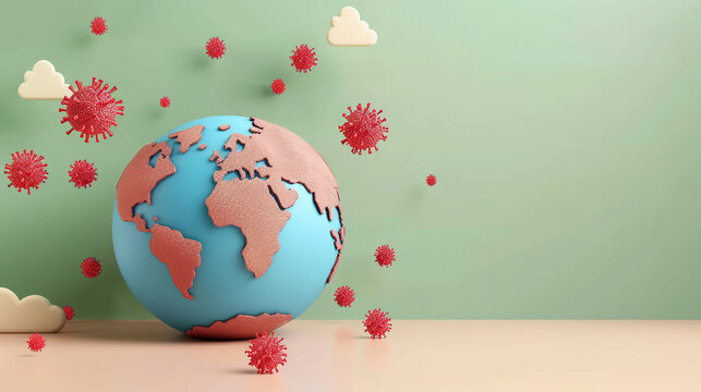 Illustration of 3d paper clip art of earth with viruses on blue background with copy space