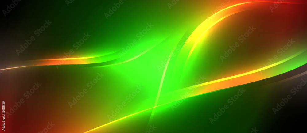 Poster neon glowing circle rays, light round lines in the dark, planet style neon wave lines. energetic ele