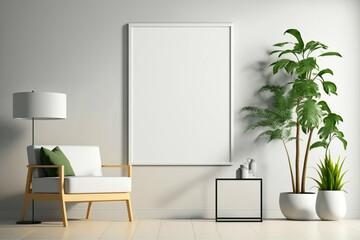 Minimalist living room with armchair, lamp, and blank frame.
