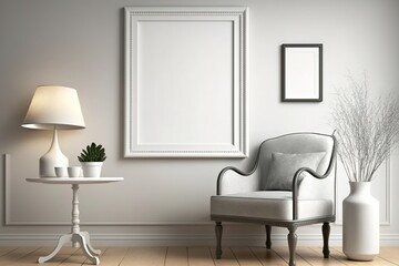 Minimalist living room with armchair, lamp, and blank frames.