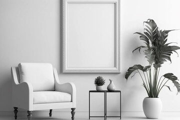 Minimalist living room with white armchair, empty frame, and plant.