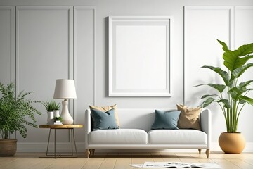 Minimalist living room with white couch, framed poster, and plants.
