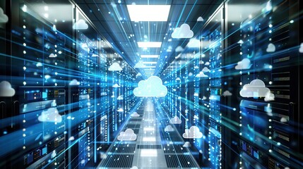 Cloud Storage. Data Center Corridor with Rack Servers, Supercomputers and AI Backup Visualization