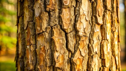 Close-up of a Tree Trunk in the Forest - Nature, Bark, Texture, Pattern, Brown, Gold, Sunlight