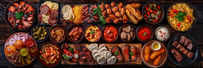 Smoked Meat Snack Beer Set Top View, Barbecue Buffet of Sudzhuk, Horseflesh, Beef Jerky, Cheese