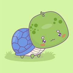 Cute cartoon turtle standing in grass. Funny little kawaii animal. Vector illustration. Kids collection