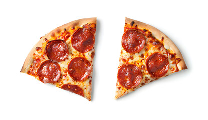 Two slices of cold leftover pepperoni pizza against a white background isolated on a white background design