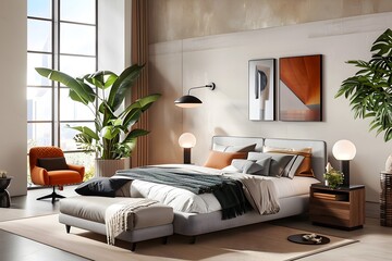 Modern bedroom interior design with a large window, a comfortable bed, and stylish furniture.