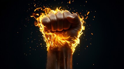 A dynamic fist surrounded by vibrant fire, symbolizing strength, power, and determination in a dramatic visual display.