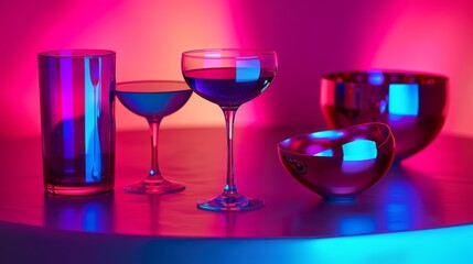 Three Glass Vessels with Reflections on a Table in Vivid Lightin
