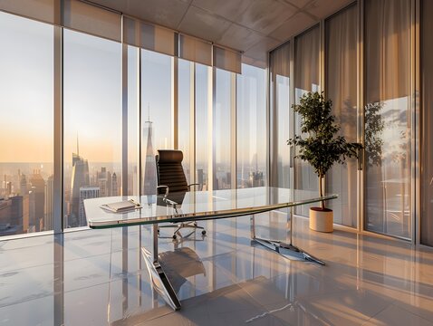 Illustration of "A tranquil, minimalist workspace with a glass and metal table, a single ergonomic chair, and a panoramic view of a city skyline through floor-to-ceiling windows." Ai Generate.
