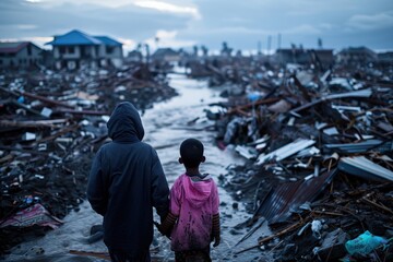 Two children hold hands as they walk through the rubble of their devastated neighborhood, symbolizing companionship and hope amidst destruction caused by a natural disaster.