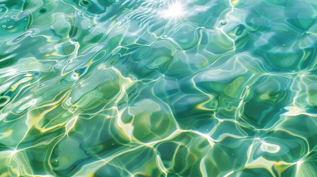 Summer banner with green water surface texture and ripples, sunlight reflections, cosmetics advertisement