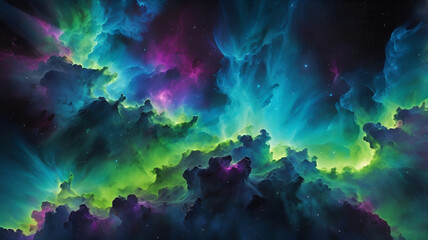 Fototapeta premium Vivid Abstract Nebula with Neon Greens and Electric Blues – Dynamic Energy of Creation and Destruction backgound. Ai Generated