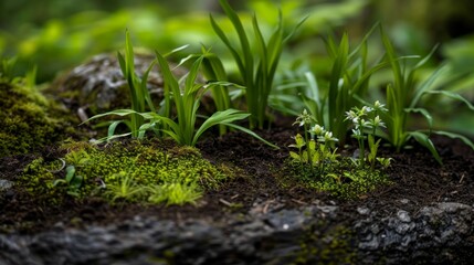 Obraz premium A Close-Up View of Lush Green Moss and Small Plants on a Forest