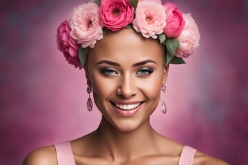 Fototapeta premium Portrait of a beautiful young woman with pink flowers on her head. Breast Cancer Awareness Month