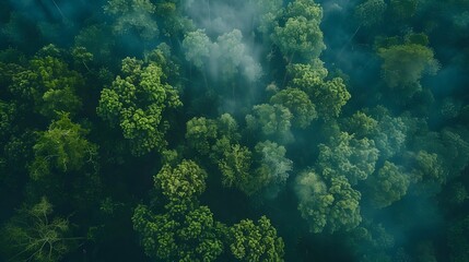 Photo of Dense forest from above on a sunny day with smoke surrounding the trees