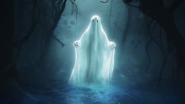 Spooky Halloween haunted ghost animation loop with scary forest background in 4k resolution