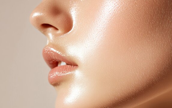 Close-up of a woman's face with glowing, healthy skin.  The photo highlights the natural beauty of the skin and its radiance.