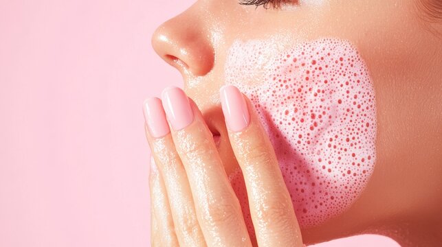 Close-up of a woman's face with pink foam cleanser on her cheek.