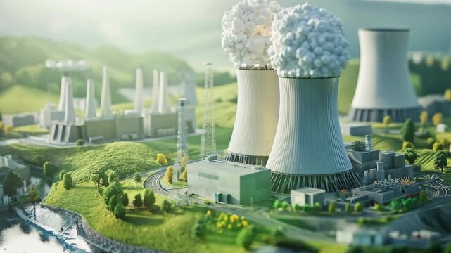 Layout project of a nuclear power plant's cooling towers and surrounding infrastructure during daylight