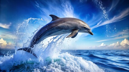 Naklejka premium Dolphin Leaps Through Waves - A Vibrant Blue Sky Backdrop - Photography, Marine Life, Nature, Ocean, Wildlife, Aquatic, Mammal