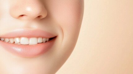 Fototapeta premium Close-up of a woman's smile, showcasing healthy, white teeth and smooth, glowing skin.