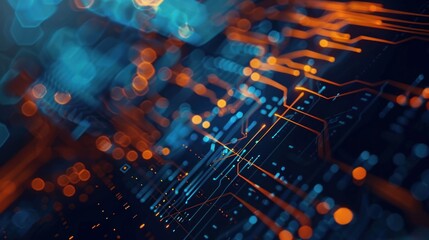 Abstract Circuit Board with Orange and Blue Lights