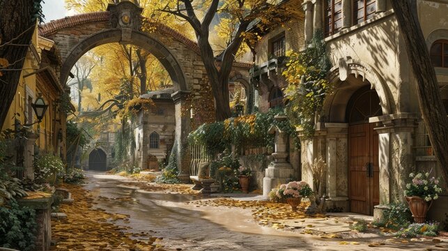 A cobblestone street lined with old stone buildings and fall fol