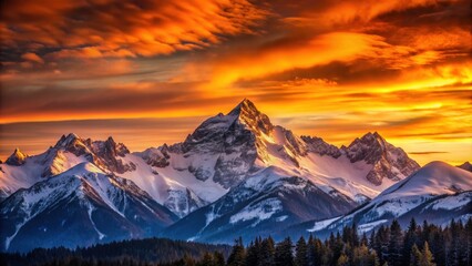 Obraz premium Beautiful sunset casting warm hues over the snowy mountain peaks , sunset, mountains, snow, winter, nature, landscape, dusk
