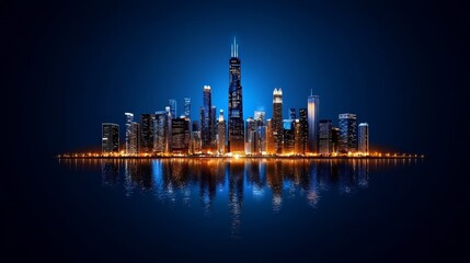 A stunning skyline view featuring modern skyscrapers illuminated against a dark blue night sky.