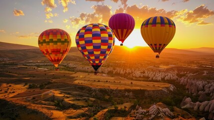 Obraz premium Four hot air balloons flying at sunset over a landscape