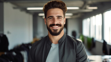 Obraz premium Portrait of a handsome smiling young man with a beard looking at the camera in an office. 
