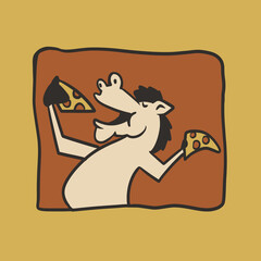 Cartoon Funny Horse Mascot Eating Pizza Vector