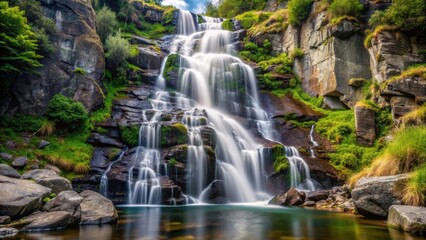 Obraz premium Waterfall cascading down steep mountain rocks , Water, Nature, Flowing, Fresh, Scenic, Beauty, Outdoor, Landscape, Rocky