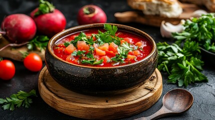 A vibrant bowl of fresh tomato soup garnished with herbs, surrounded by vegetables and bread on a rustic wooden background.