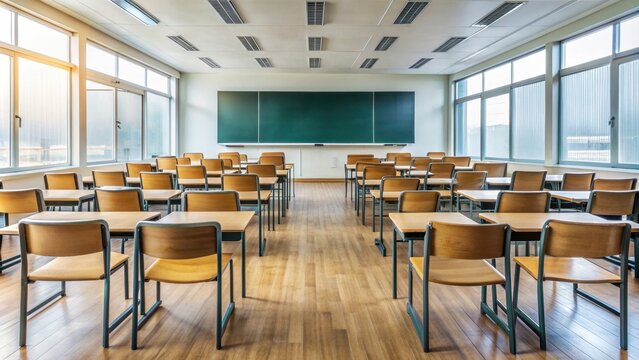 Empty classroom with blackboard and rows of chairs ready for students , education, school, classroom, learning, study