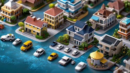 A vibrant coastal town featuring colorful houses, vehicles, and a serene waterway, ideal for urban and architectural themes.