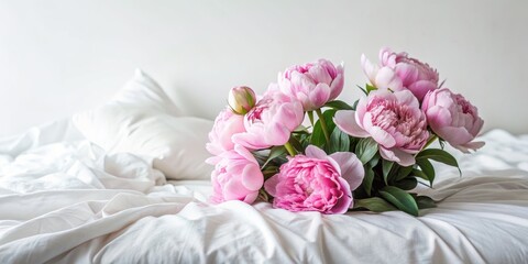 Minimalist beauty a bouquet of peonies on a white bed, peonies, flowers, minimalist, beauty, elegant, delicate, white, soft