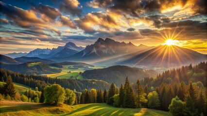 Fototapeta premium Golden Hour Symphony Mountain Landscape with Dramatic Sunset Rays, Alpine Valley, Majestic Peaks, Nature Photography, Scenic View, Forest, Clouds