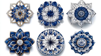 Beautiful collection of blue and white floral mandala designs, perfect for decorative and artistic purposes.