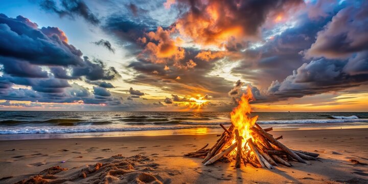 Fogata encendida en la playa al atardecer con cielo nublado, fogata, playa, atardecer, cielo nublado, fogata encendida