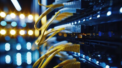 Server Rack with Yellow and White Cables